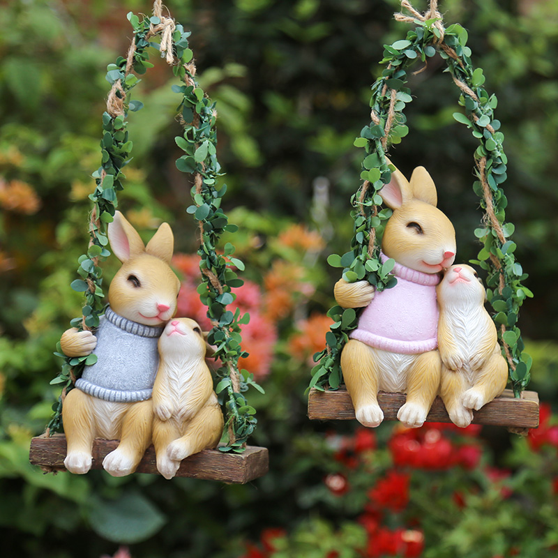 庭院阳台布置户外花园创意树脂仿真动物摆件装饰品秋千小兔子挂件