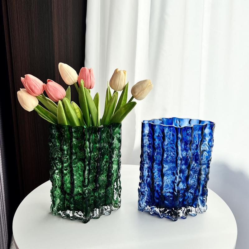 简约创意网红加厚冰川纹玻璃花瓶插花客厅摆件餐桌面软装饰品花器