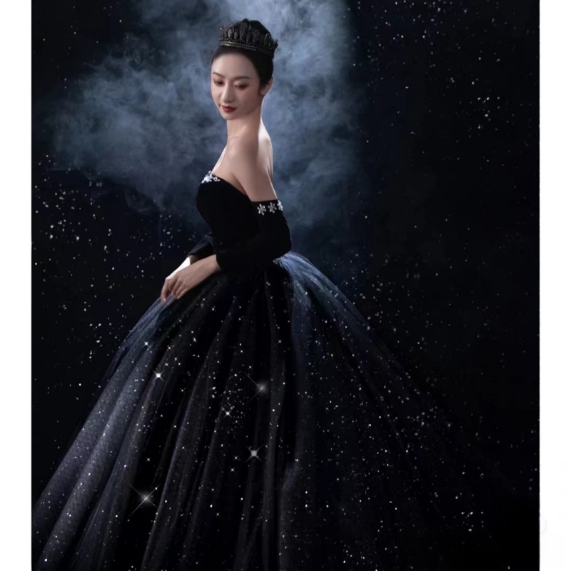 影楼主题服装黑色长拖尾法式赫本风复古礼服抹胸拍照新款高端婚纱