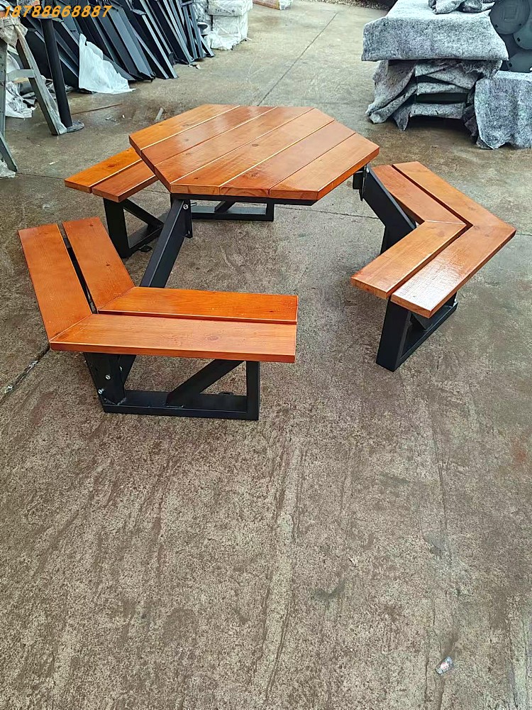 户外桌椅休闲圆桌六边形实木塑木桌子公园棋牌桌组合景区室外座椅