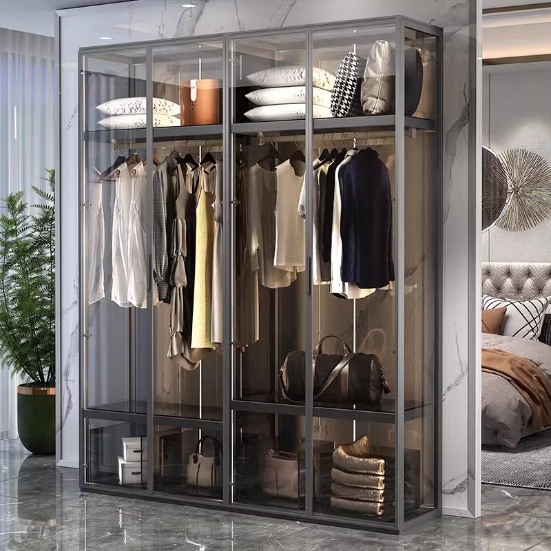 定制铝合金衣柜家用卧室轻奢玻璃门现代简约转角储物衣帽间衣橱柜