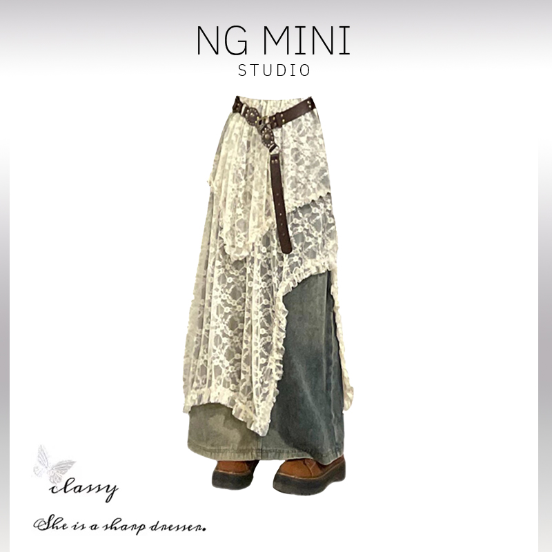NG Minimalism 不规则白色蕾丝a字半身裙小个子高腰长裙半裙
