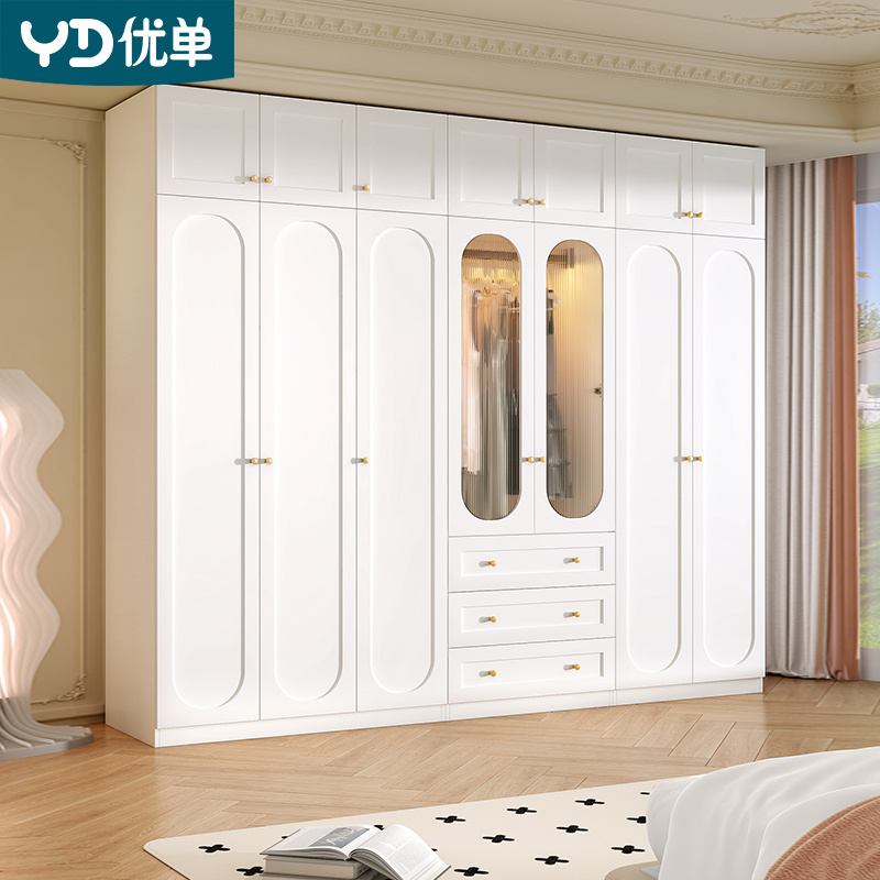 衣柜家用卧室简约现代带玻璃门衣帽间收纳储物柜子加顶柜组合A35
