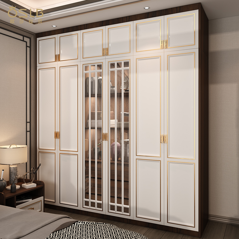 新中式衣柜家用卧室现代简约轻奢开门柜组合实木衣橱玻璃门衣帽间