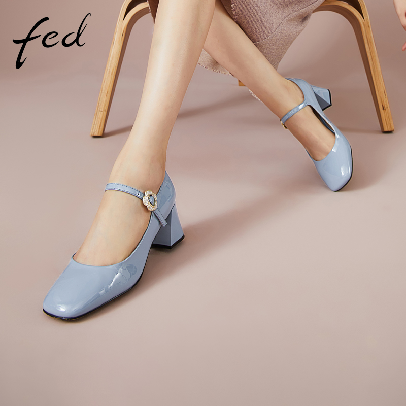fed玛丽珍鞋2023年春季新款女鞋方头粗跟单鞋高跟鞋R0216-ZFB058