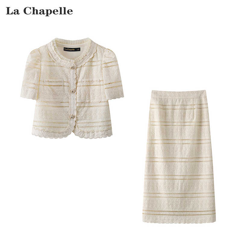 拉夏贝尔/La Chapelle夏季小香风俩件套女蕾丝短袖上衣半身裙套装