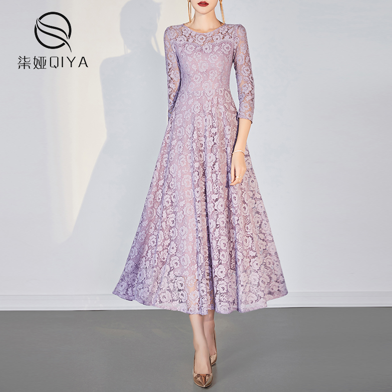浅紫色蕾丝连衣裙女2024新款春季法式气质九分袖收腰气质中长裙子
