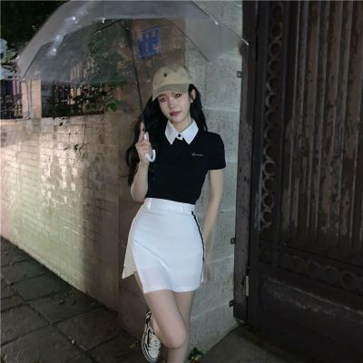 夏季短袖polo衫女小个子学生修身黑色韩版短款高尔夫上衣打底t恤