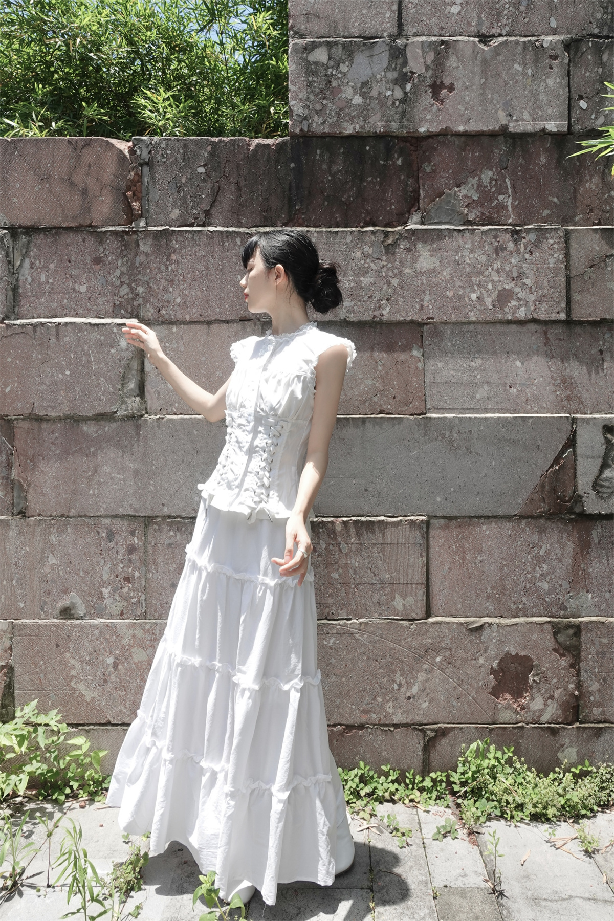 小菊川栗“典白黛木裙”蕾丝新中式原创系带气质典雅上衣+半身裙