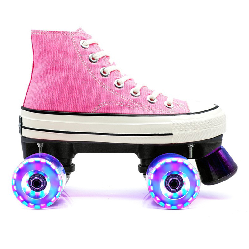 科科好双排轮滑鞋女四轮旱冰鞋初学者溜冰鞋帆布粉红色PU轮滑轮鞋