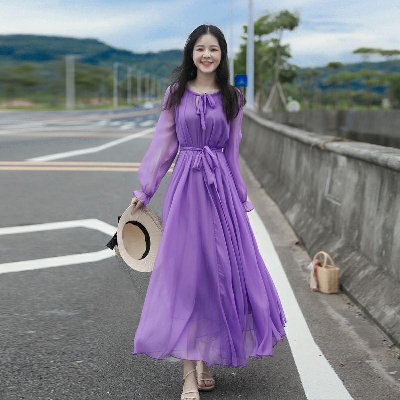 沙滩裙女洋气紫色连衣裙新款时尚红色雪纺长裙三亚海边度假拍照裙