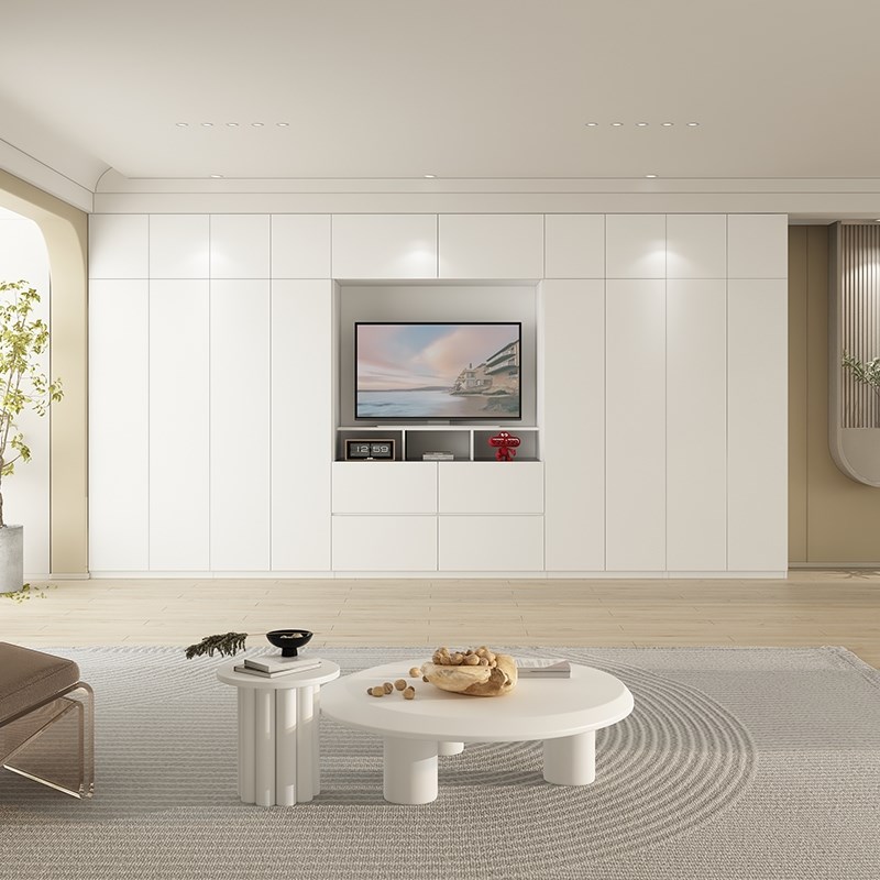 新款奶油衣柜电视柜一体组合墙背景墙卧室客厅满墙实木定制柜子储