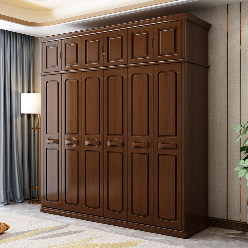 简约现代中式实木衣柜对开门组装二三四五六门整体橡木加顶柜衣橱