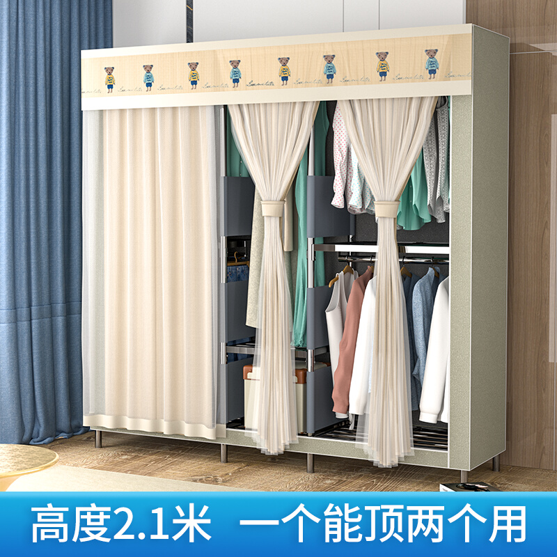 简易衣柜加高全钢框架结实加厚粗卧室家用布艺全挂 长衣架衣服柜