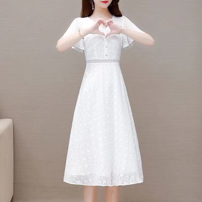 白色连衣裙2023新款夏装仙女超仙法式初恋甜美中长款V领短袖裙子