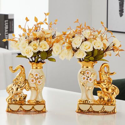 欧式陶瓷花瓶福象摆件客厅桌面摆件电视柜创意装饰品花器仿真花