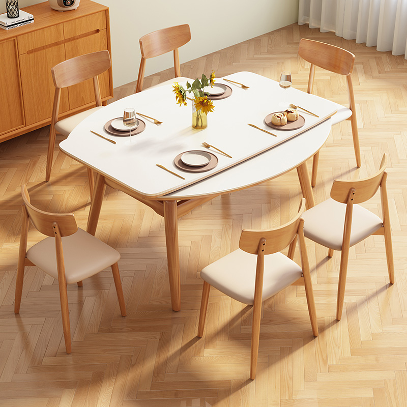 侘寂风实木可伸缩岩板餐桌樱桃木色长方形家用饭桌可变圆桌小户型