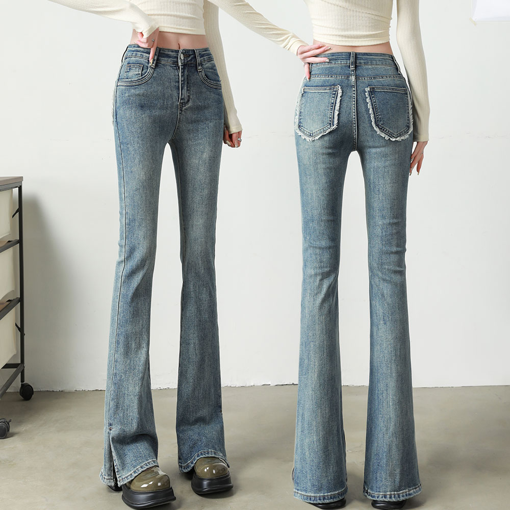 高腰显瘦牛仔裤女2023春装新款弹力修身高个子加长百搭微喇叭长裤