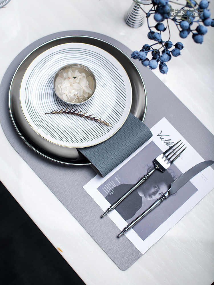 样板间现代轻奢北欧风格西餐具设计师软装搭配餐盘电镀银陶瓷盘子