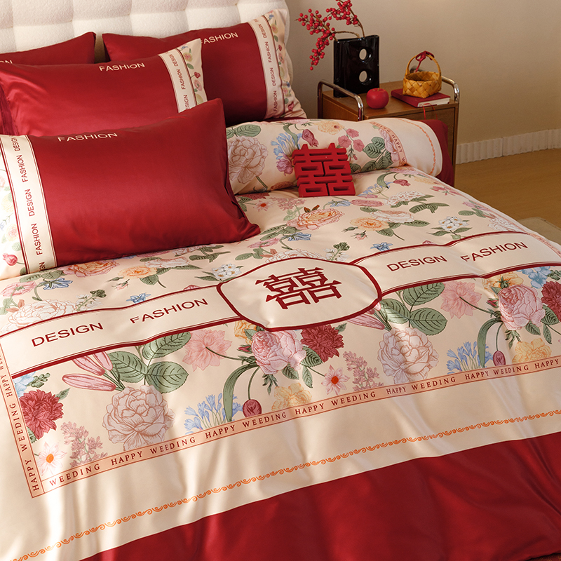 简约中式结婚四件套大红色床单被套全棉纯棉婚庆床上用品婚房喜被