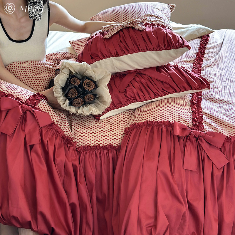 浪漫100S全棉贡缎结婚四件套纯棉红色喜被套婚庆床上用品法式拼接