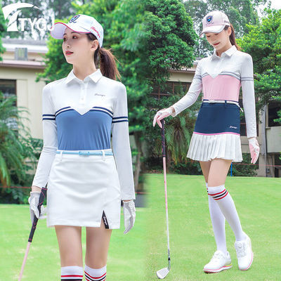 春夏高尔夫球服装女士长袖球服T恤POLO衫个性撞色翻领运动球衣服