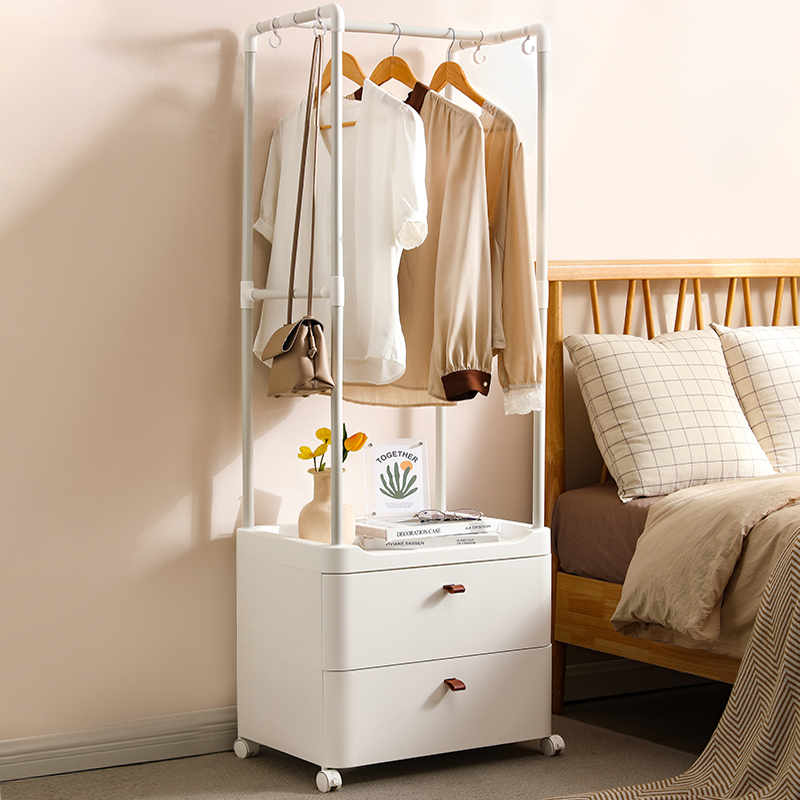 卧室挂衣服床头柜多层抽屉收纳柜带晾衣架客厅纯白色储物柜置物柜