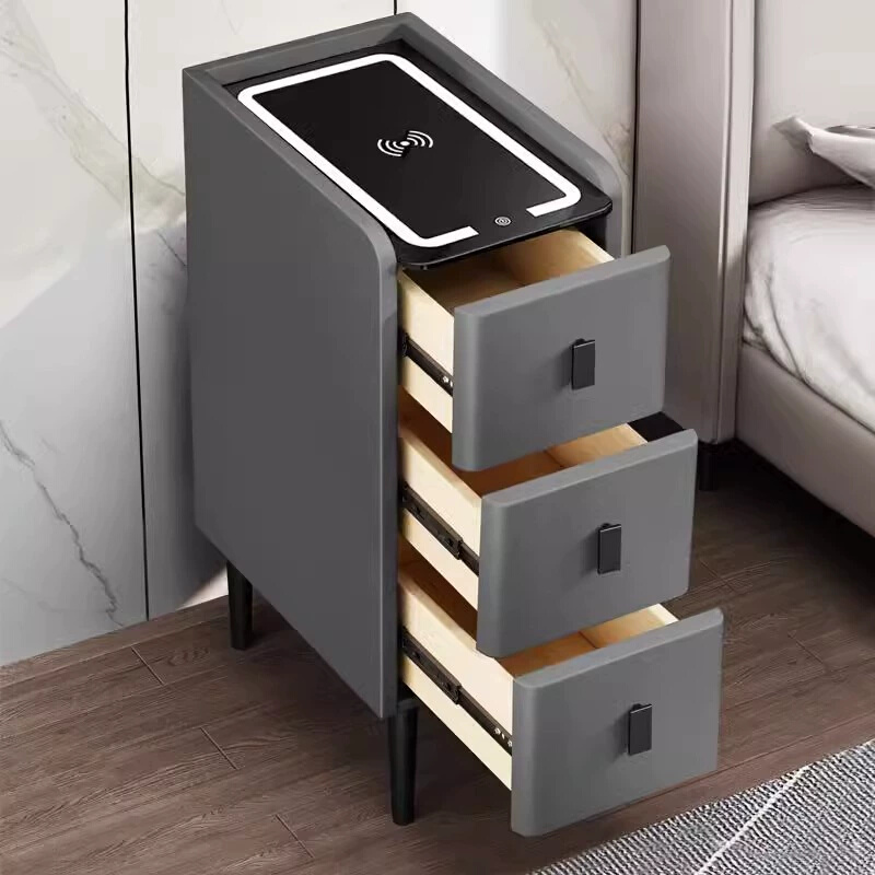实木超窄床头柜智能无线充电三层60cm现代简约带锁多功能小床边柜