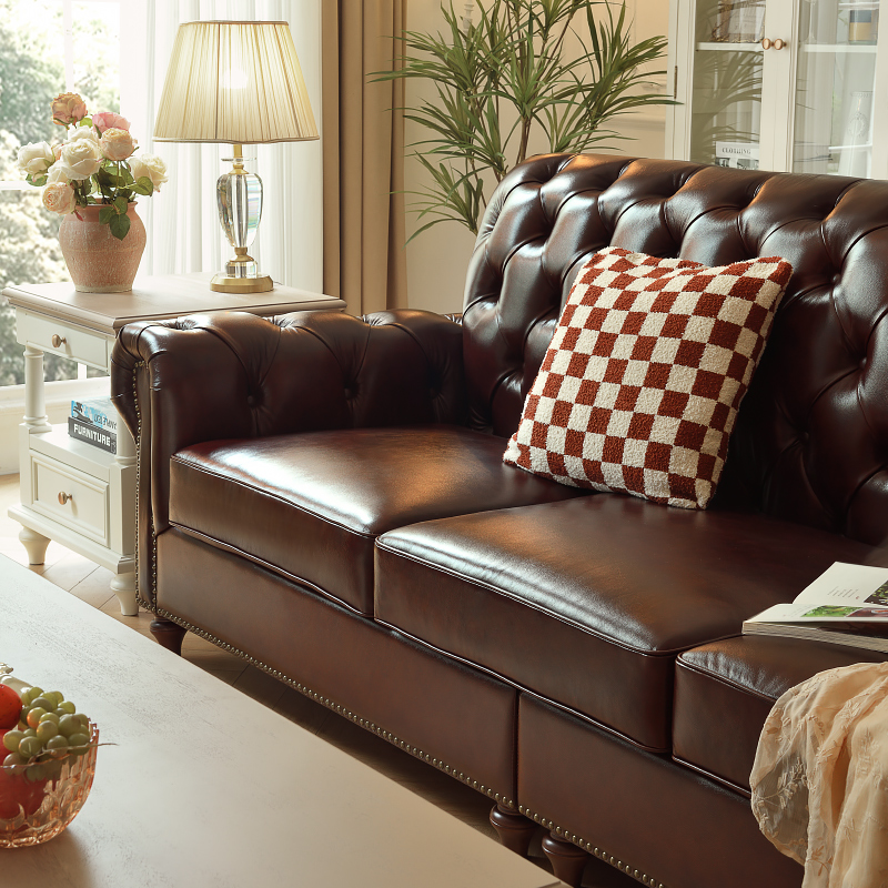 美式真皮沙发棕色头层牛皮三人四人位2.6米直排沙发复古客厅家俱