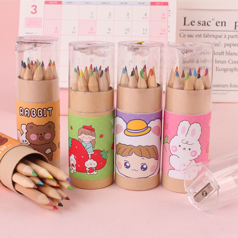 韩国创意卡通小熊兔子宇航12色桶装彩铅带卷笔刀学生文具奖品礼物