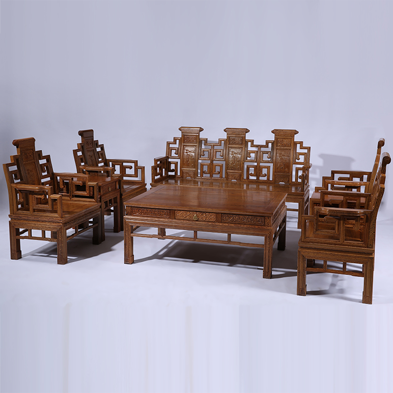 推荐红木家具 鸡翅木卷书沙发八件套 仿古中式实木客厅茶几沙发组