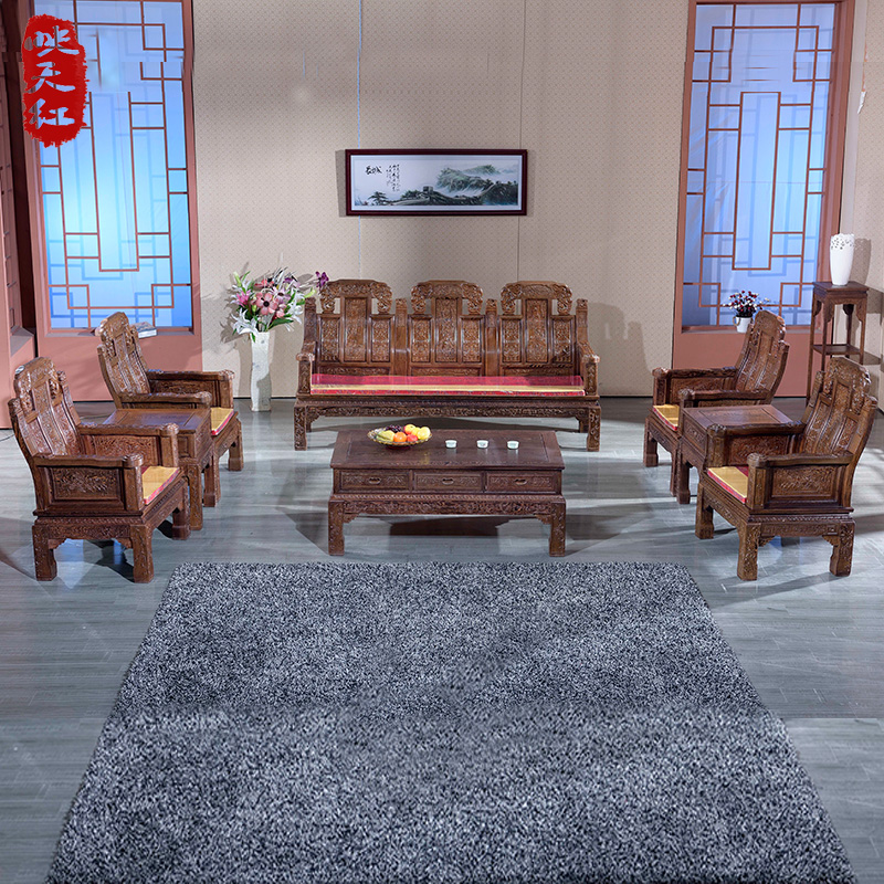 红木明清古典沙发鸡翅木沙发6件套实木中式客厅家具3人位象头沙发