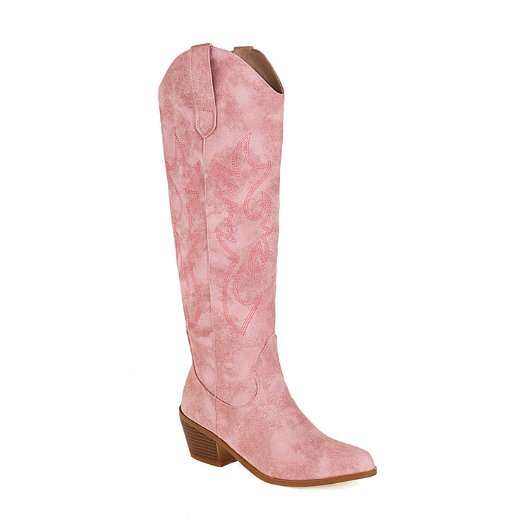 粉色高筒靴白色时装靴子民族风刺绣骑士靴粗中跟高筒靴大码43-45