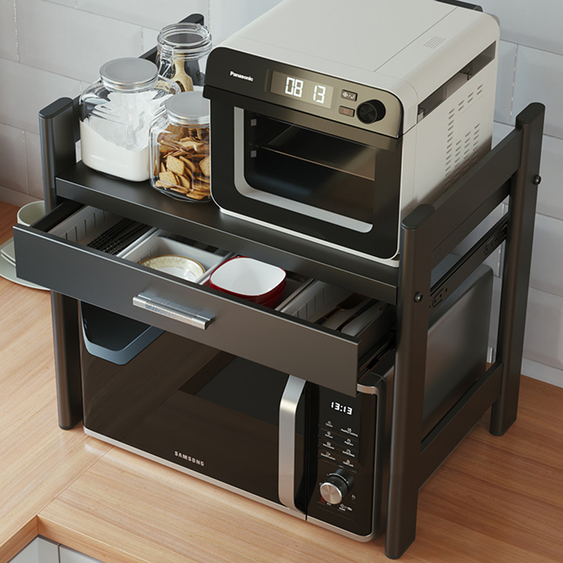 厨房微波炉置物架带抽屉烤箱收纳架可伸缩家用双层台面多功能橱柜