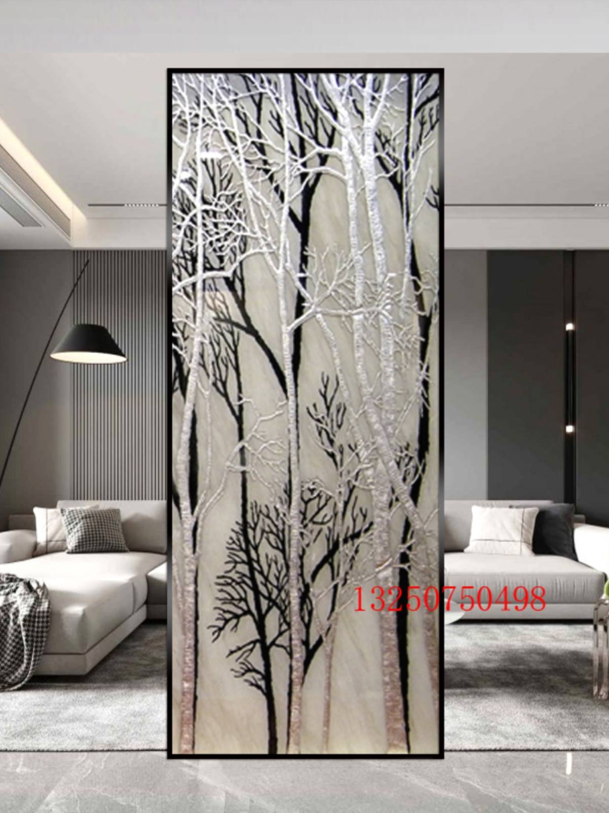 欧式艺术玻璃屏风两面隔断客厅背景墙定制工艺简约抽象雕花发财树