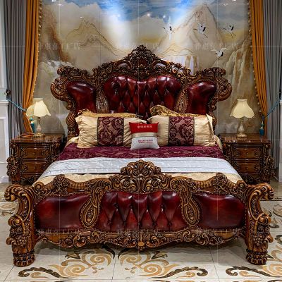 欧式美式法式奢华主卧床婚床1.8米2米大床别墅宫廷实木雕花真皮床