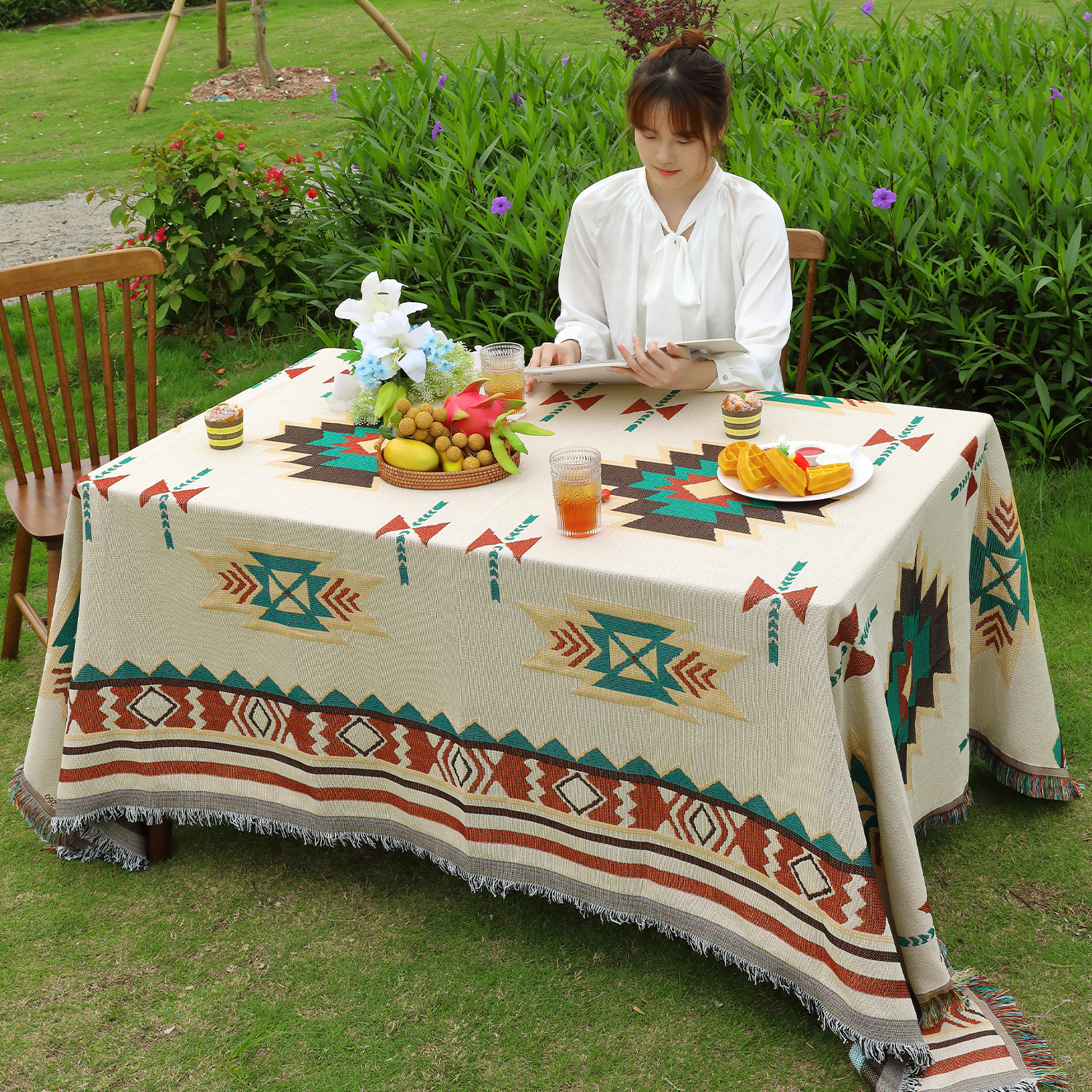 ins波西米亚风户外野餐垫露营蛋卷桌布棉麻室外庭院花园防晒台布