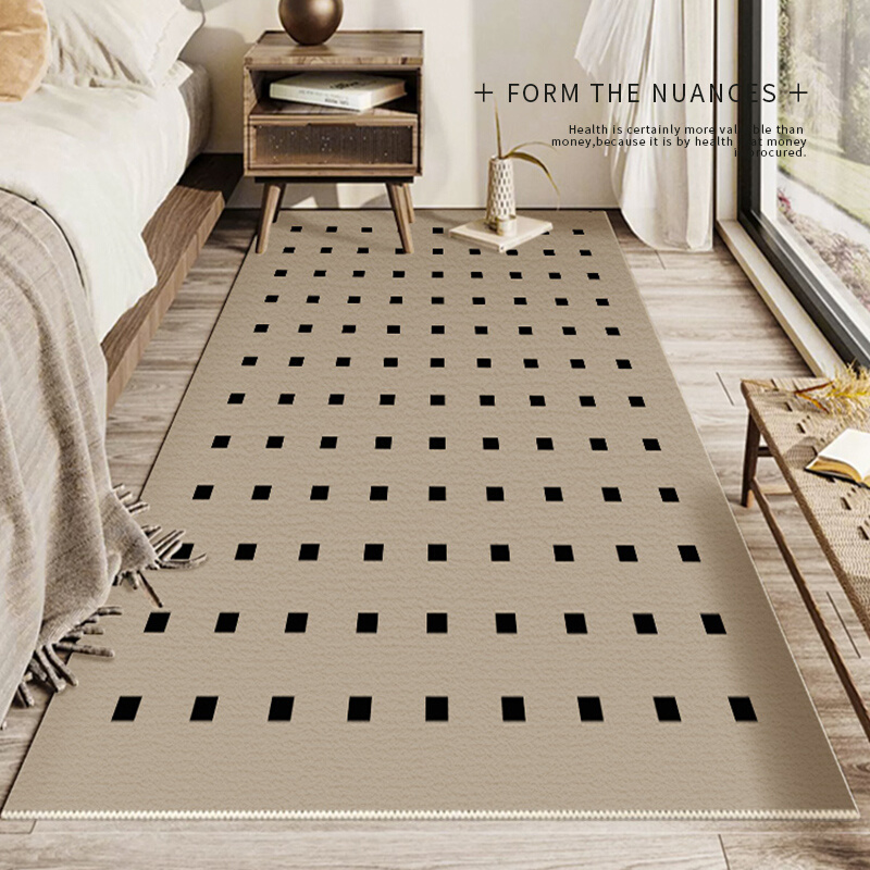 地毯卧室2024新款现代简约床边房间黑白格高级感奶油风法式加厚毯