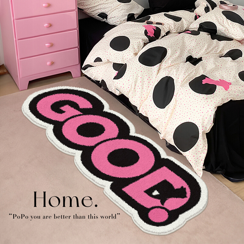 ins风卧室地毯女孩房间长条毛绒冬季床边毯高级感主卧字母地垫子