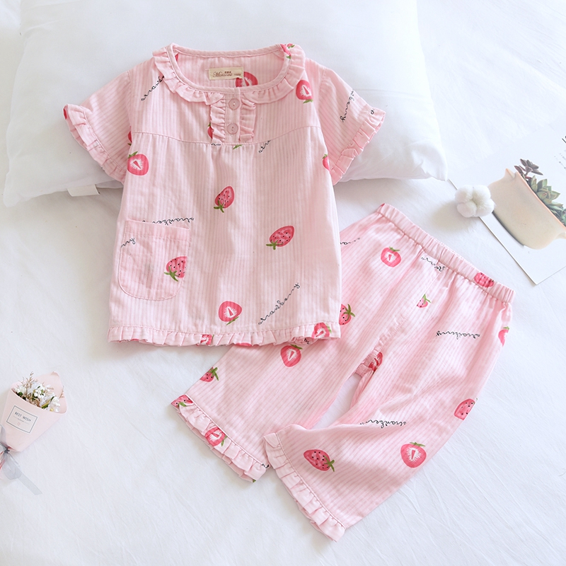 A类粉色草莓甜美儿童夏薄纯棉纱布睡衣女童短袖7分裤套头式家居服