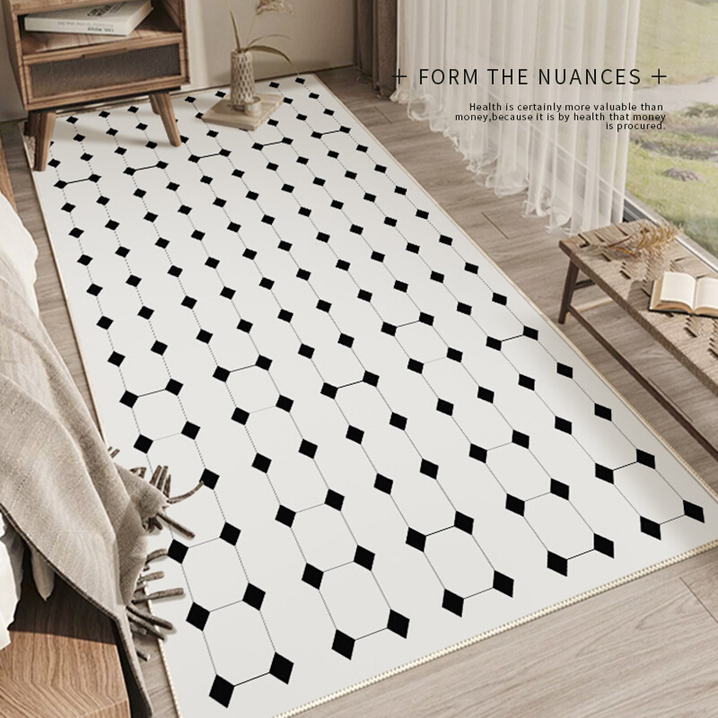 地毯卧室2024新款现代简约加厚床边房间高级感奶油风黑白格法式毯