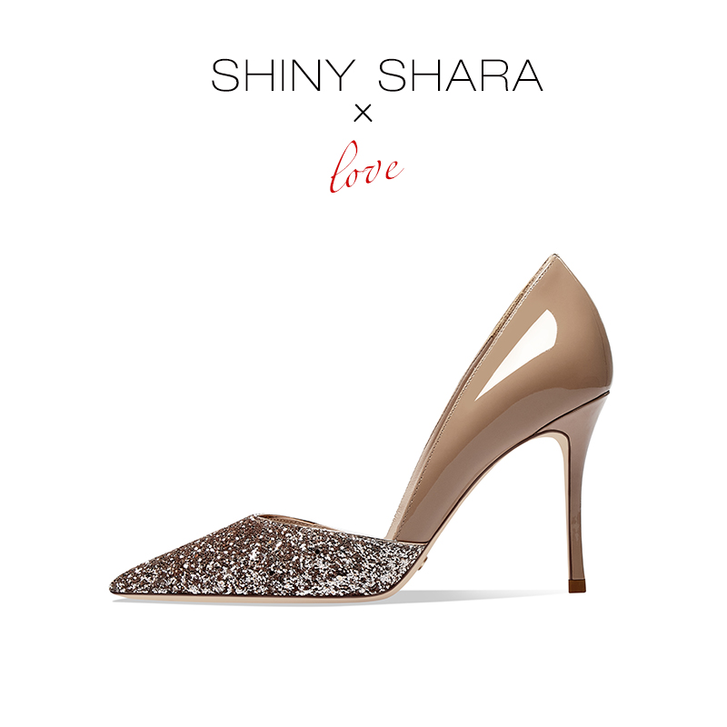 Shiny Shara/诗莎裸色拼色浅口尖头细跟水晶婚鞋女新娘鞋高跟鞋女