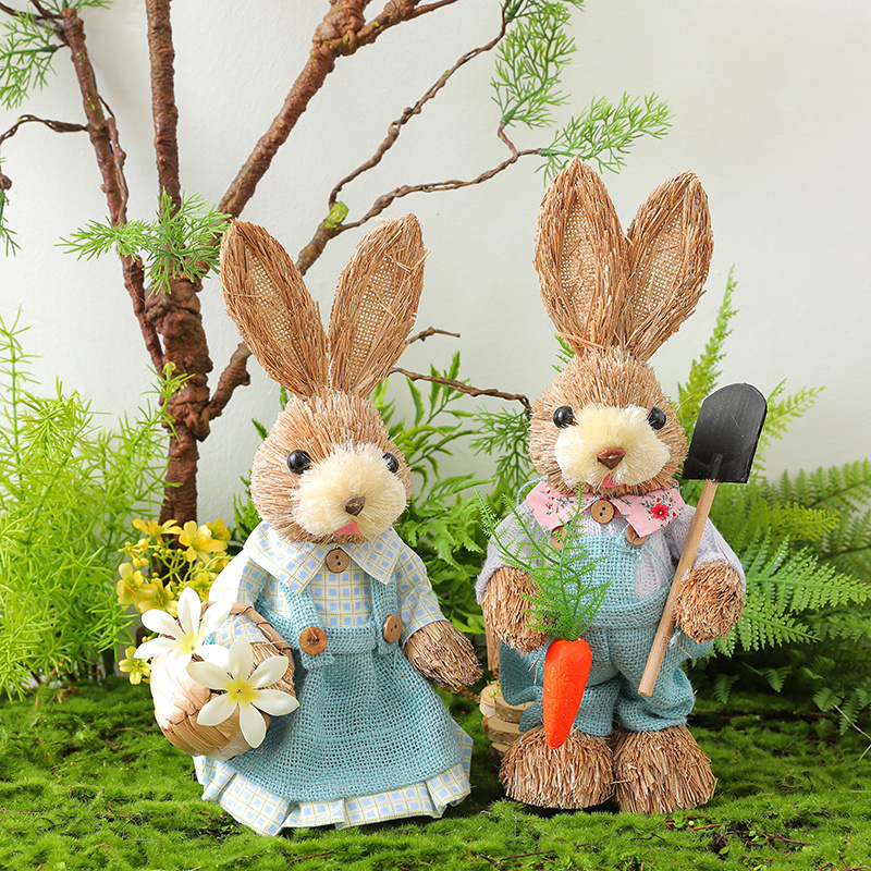 森系田园风草编兔子摆件幼儿园植物角装饰庭院花园婚庆布置艺品
