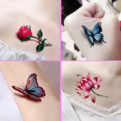 3D玫瑰花朵蝴蝶纹身贴一次性防水持久女款逼真性感花臂锁骨诱惑
