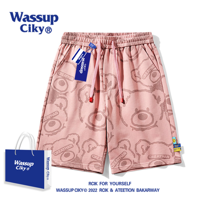 WASSUP CIKY小熊短裤男女款夏季潮牌宽松休闲情侣装运动五分裤子
