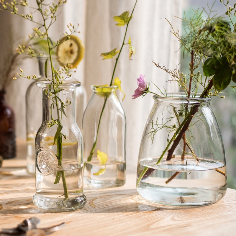 掬涵小型复古花瓶水培插花花器小口玻璃瓶透明植物水养瓶韩式日式