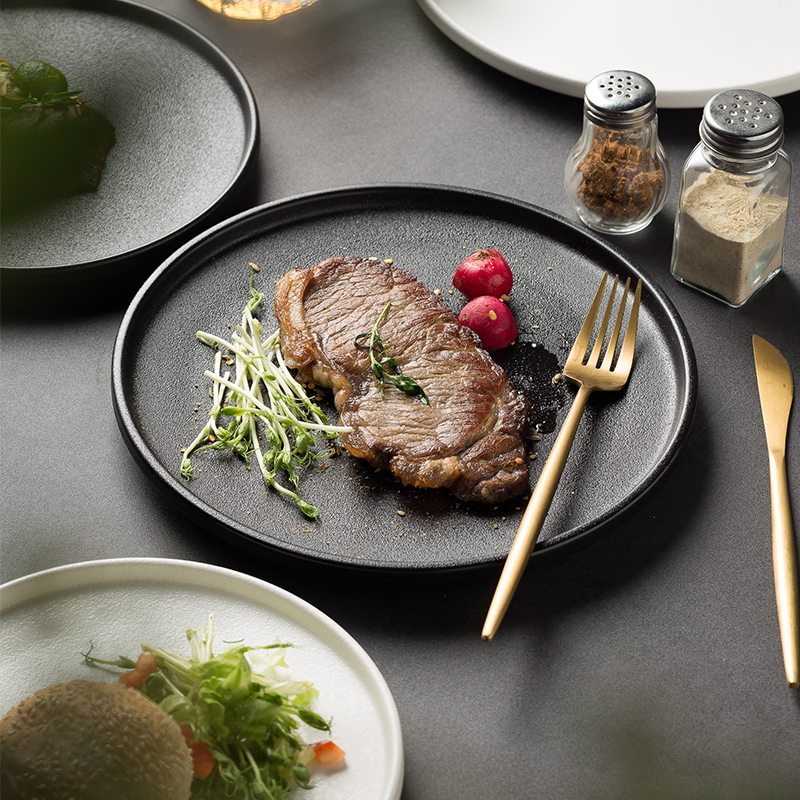 日式流沙盘子牛排盘西餐盘家用黑色磨砂平盘西餐餐盘创意餐厅菜盘