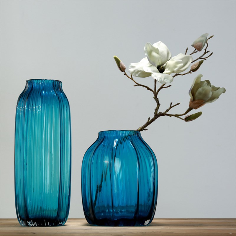 直销欧式乡村杂货花瓶蓝色透明玻璃水培花瓶地中海家居装饰花器摆