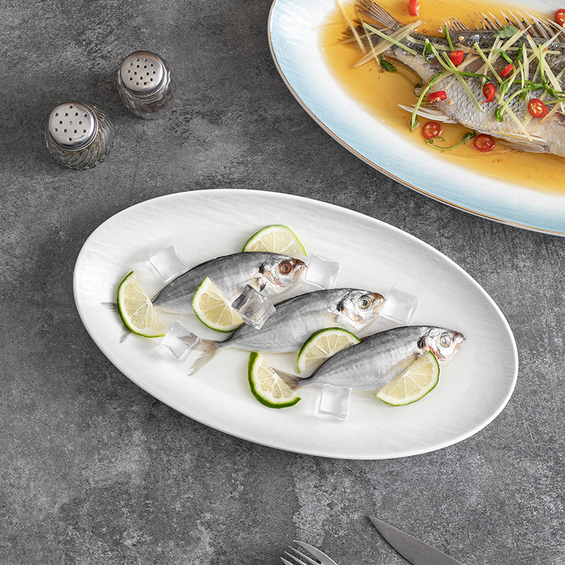 中餐创意特色盘子餐具鱼盘家用北欧高级感10英寸椭圆陶瓷盘蒸鱼盘