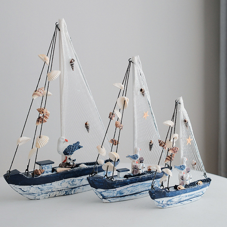 地中海家居饰品蓝白贝壳帆船做旧风格手工艺品礼品一帆风顺船